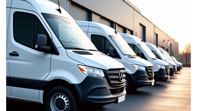 Kuljetusyritys XYZ:n puhdas ja kiiltävä pakettiautokalusto.